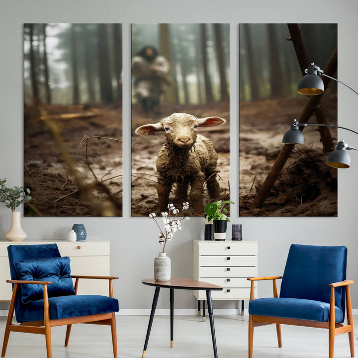 Jesus Running After a Lost Lamb Canvas Wall Art Print