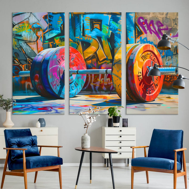 The Fitness Gym Barbell Graffiti Wall Art Canvas Print, a vibrant triptych featuring a barbell against a graffiti backdrop, elegantly hangs in the room. Crafted on premium canvas with a gallery-quality finish, this stunning piece of wall art effortlessly combines urban flair with sophisticated decor.