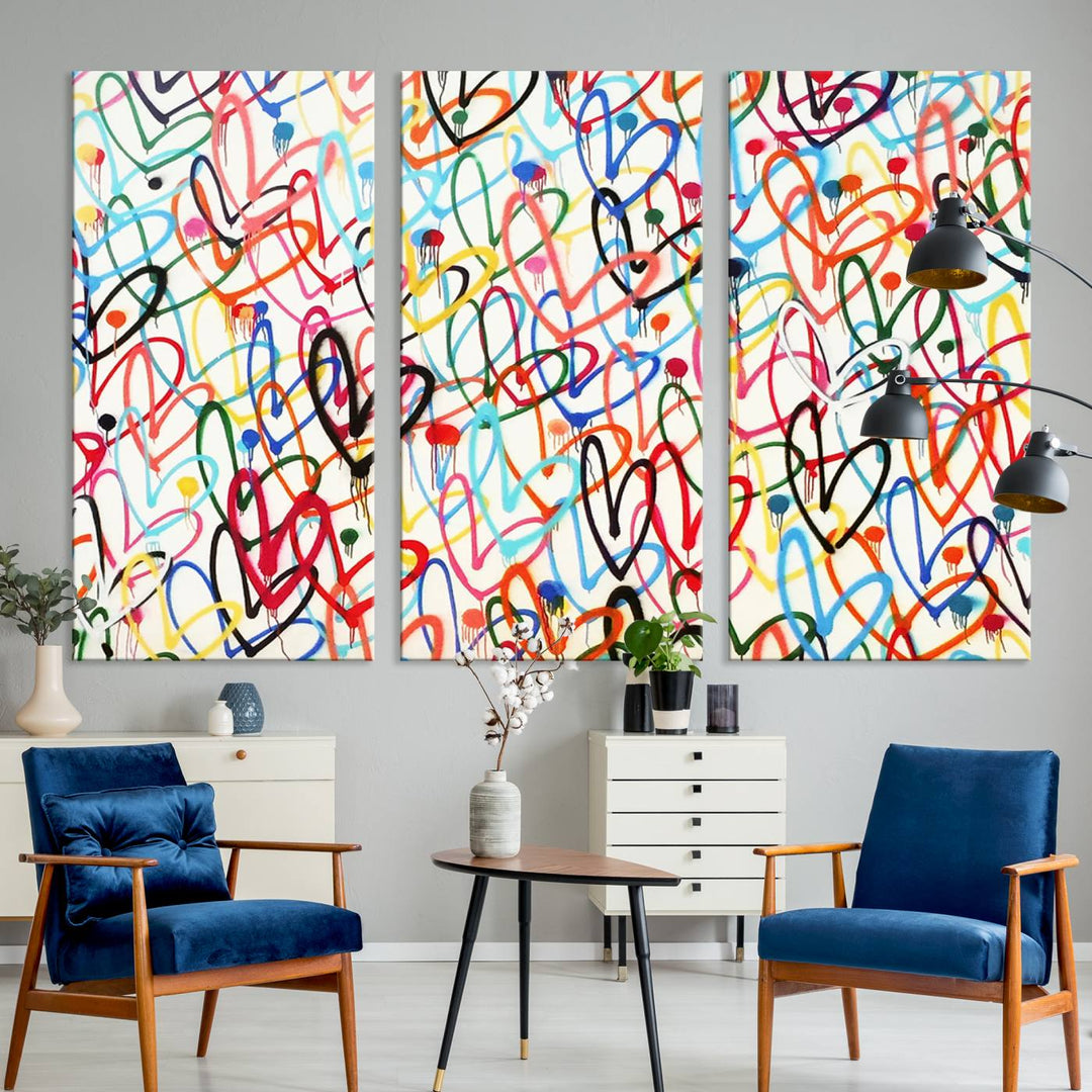 The "Colorful Love Canvas print," featuring vibrant abstract street art with overlapping loops, is handmade in the USA.