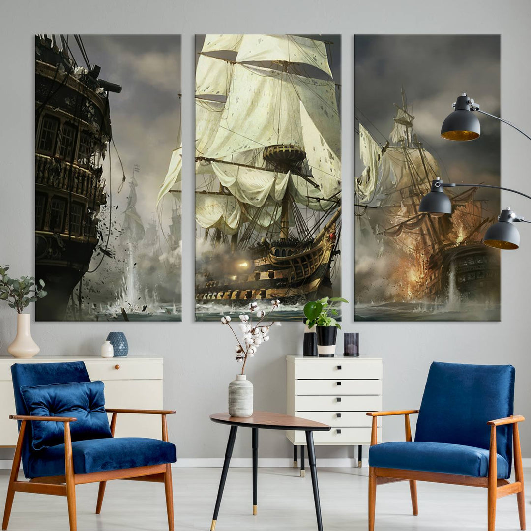 The Pirate Ship War Wall Art Canvas Print, featuring a stunning three-panel depiction of an intense sea battle with tall ships, boasts a gallery-quality finish that adds an elegant touch to its display.