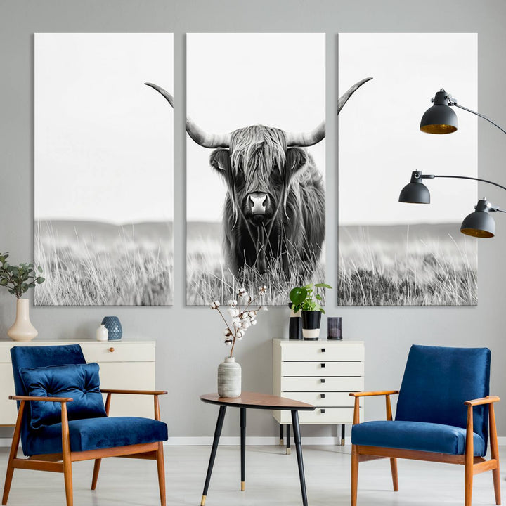 The living room is enhanced by a stunning three-panel Longhorn Wall Art Canvas Print. This museum-quality piece of Texas Longhorn Art comes on a gallery-wrapped canvas with a UV-protective coating to keep it vibrant under everyday light exposure.