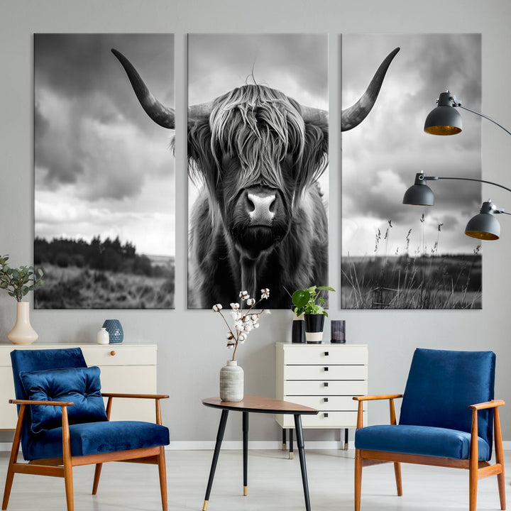 A stunning gallery-quality piece, the "Scottish Cow Wall Art Canvas Print | Longhorn Wall Art | Bighorn Animal Wall Art," depicts a Highland cow with long horns and shaggy fur. This captivating wall art elegantly enhances the space.