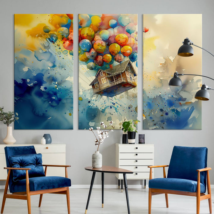 The Cartoon Movie Wall Art Canvas Print, featuring a vibrant house lifted by balloons and split across three panels, serves as captivating wall art. Handmade in the USA, it adds charm and whimsy to any space.