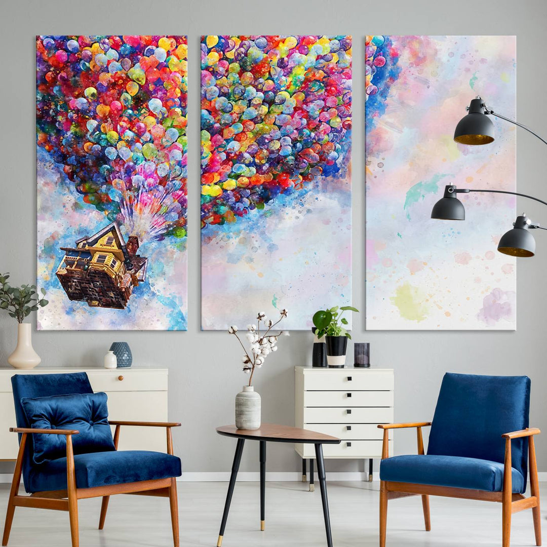 The "Watercolor Cartoon Movie Balloons Canvas Print" is showcased, depicting a whimsical house being lifted by colorful balloons. This triptych wall art is crafted on museum-quality canvases with a UV-protective coating to maintain its vibrant colors, making it ready to hang in any room.