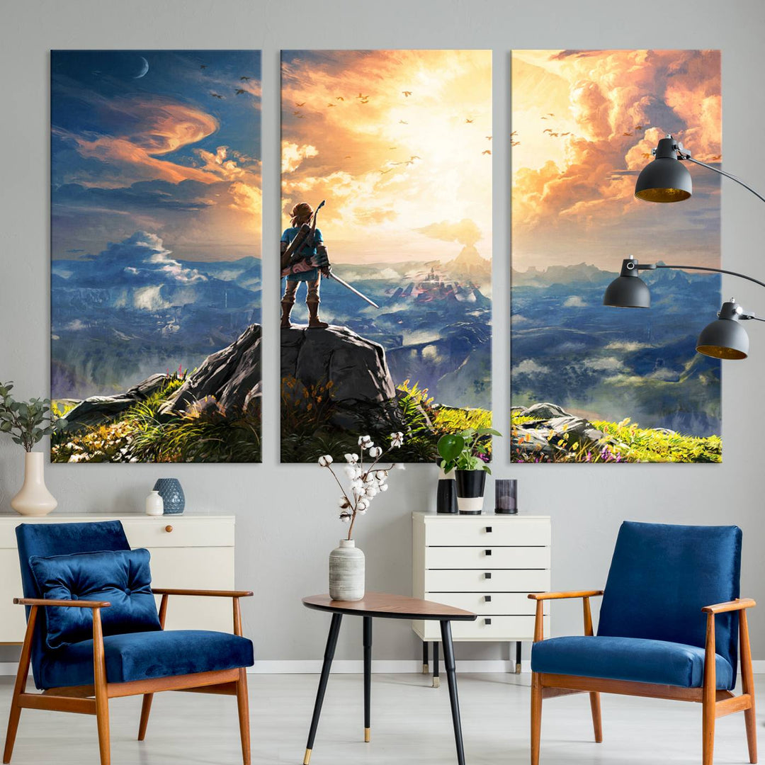 The Legend of Zelda Breath of the Wild Game Wall Art Canvas Print showcases a fantasy landscape with a character on a cliff, all rendered in gallery-quality finish on premium canvas.