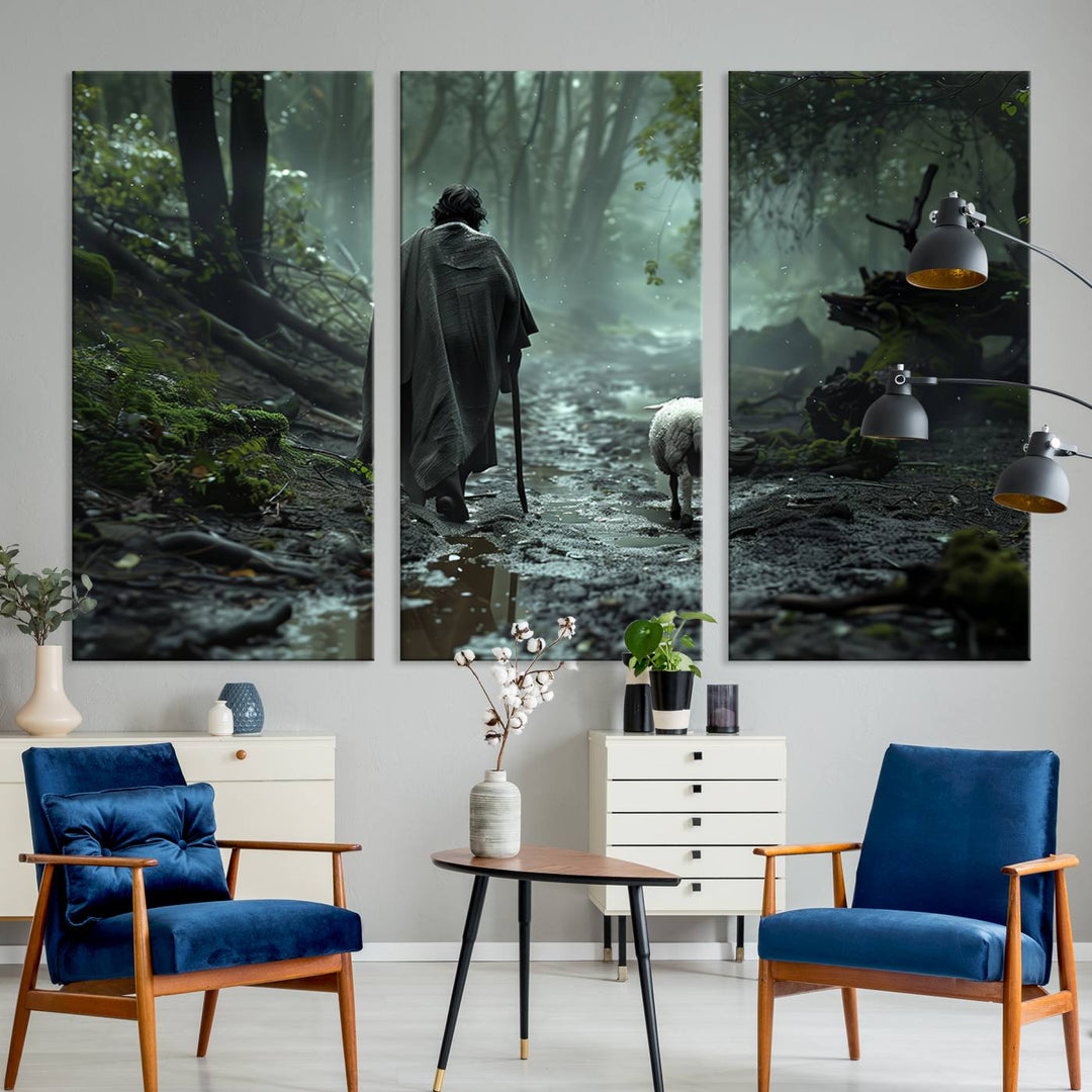 The "Forest Jesus Shepherd Canvas Wall Art" features a person with a cane, clothed in a cloak, walking beside a sheep through a misty forest. This piece captures tranquility and is ideal for adding serenity to your living room, office, or bedroom decor.