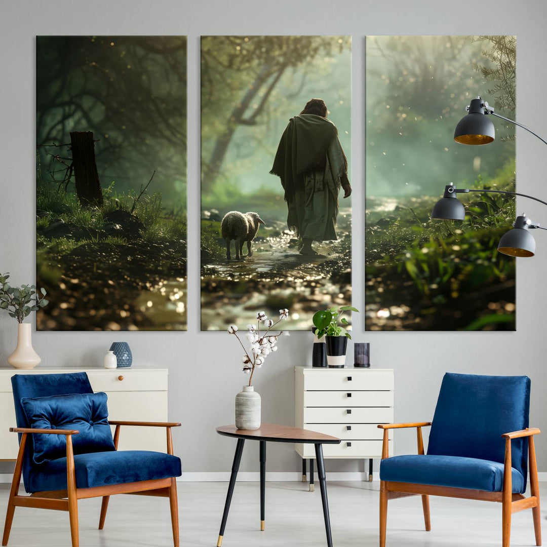 The wall art piece, titled "Jesus Shepherd a Lost Lamb Canvas Wall Art Print," is suspended on the wall and depicts a robed figure and a lamb wandering along a forest path.