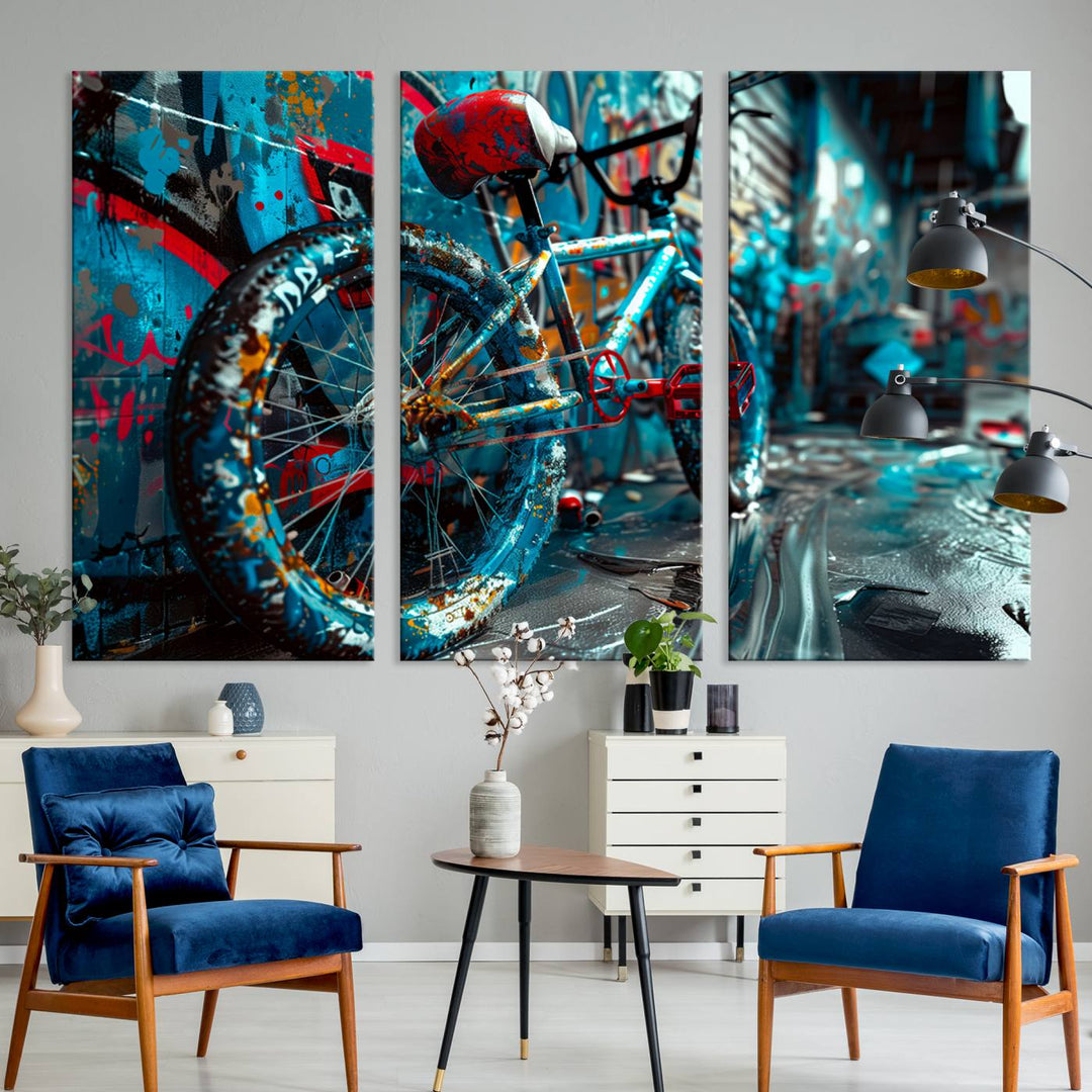 Urban graffiti bicycle canvas wall art, featuring a colorful street art-inspired design for modern living room or office decor.