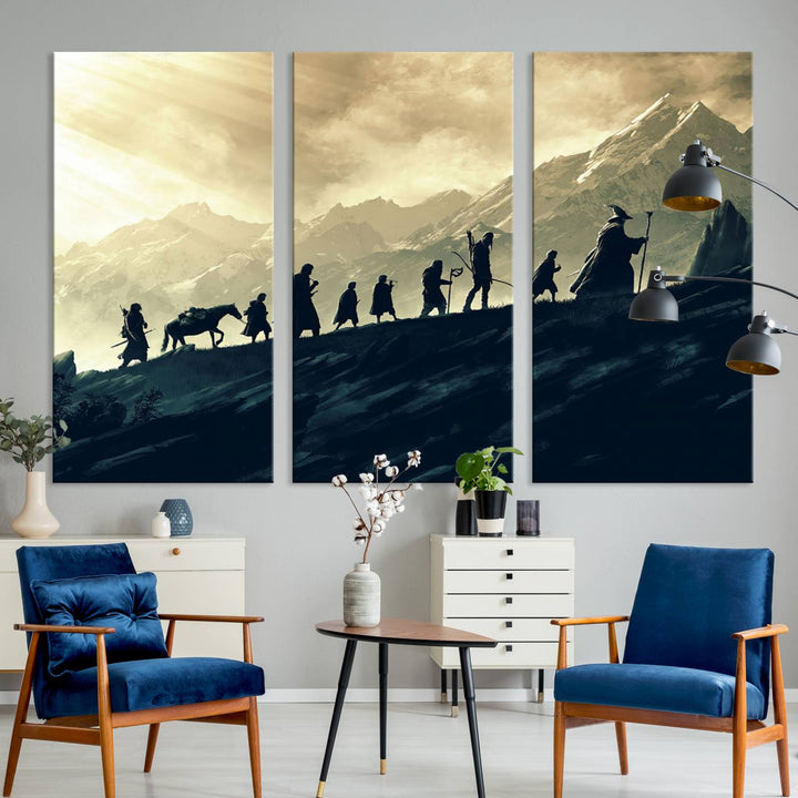 A canvas print titled "Lord of the Rings Silhouette Wall Art Capturing the Epic Quest Through Middle-Earth - The Fellowship's Journey" is displayed.