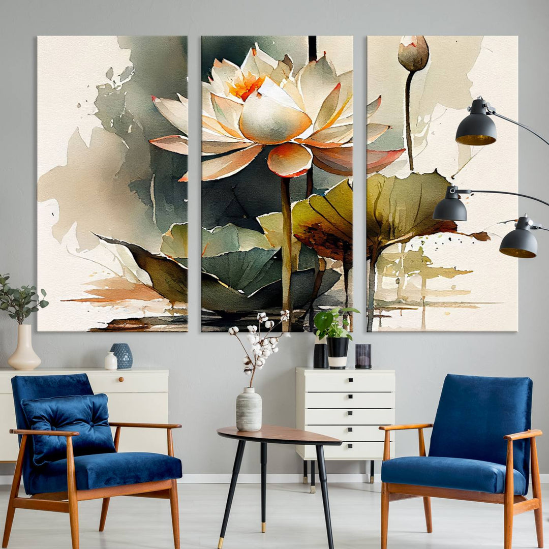 The Lotus Flower Watercolor Canvas Print, a contemporary wall art piece symbolizing serenity and growth with its soft watercolors, adorns the wall.