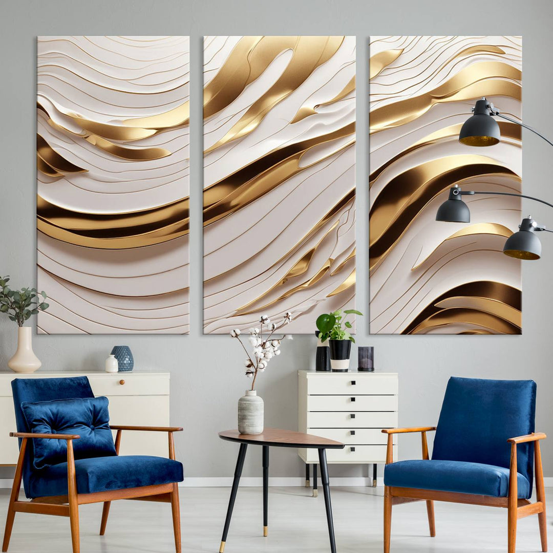 The "Gold and White Abstract Wave Canvas – Elegant Flowing Design with Luxurious Golden Accents" beautifully enhances the area and creates a stunning focal point in the room.