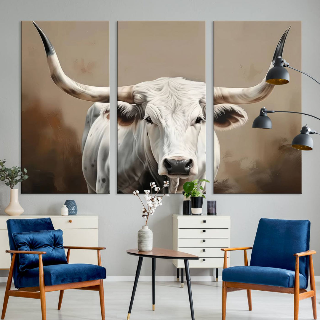 Texas Longhorn Canvas Wall Art features a triptych design on premium canvas with a gallery-quality finish.