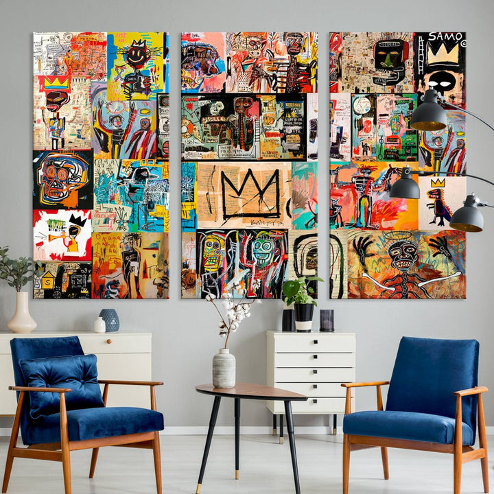 A vibrant Basquiat Art Collage Wall Art Canvas Print in an urban graffiti style adds a modern artistic flair.