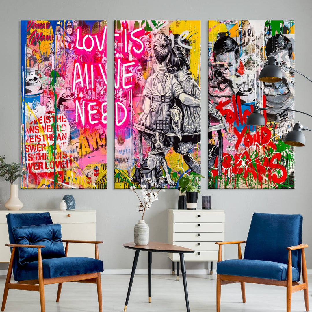 A vivid display of the "Follow Your Dreams & Love is All We Need" graffiti street art energizes a modern room with its three-panel arrangement. This bold giclee canvas print infuses any contemporary space with dynamic flair.