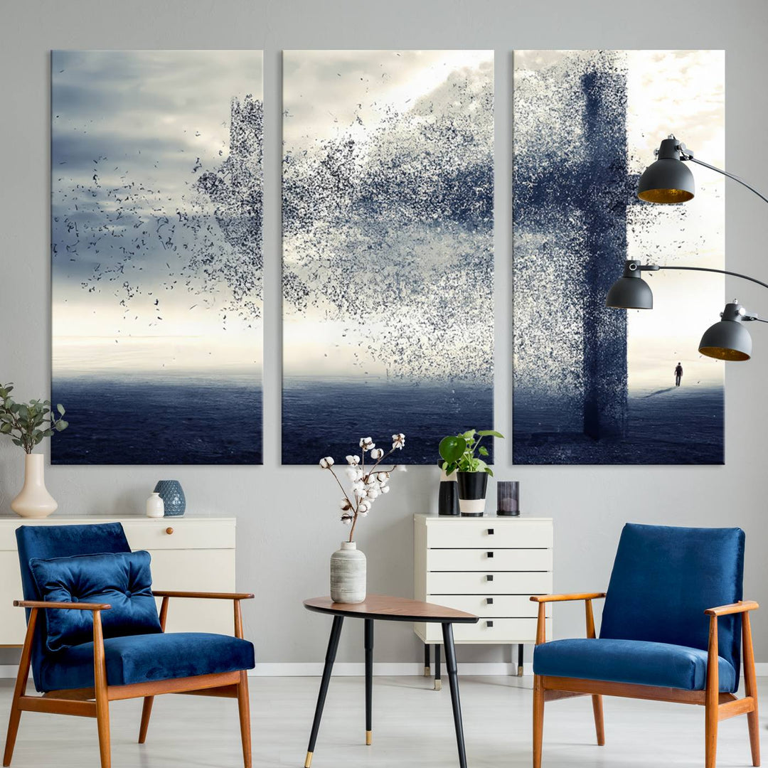 The "Jesus and the Fading Cross – Symbol of Faith" framed canvas print beautifully depicts a cross formed by birds against a moody sky above an ocean. This piece of Christian wall art infuses spirituality into the minimalist space.