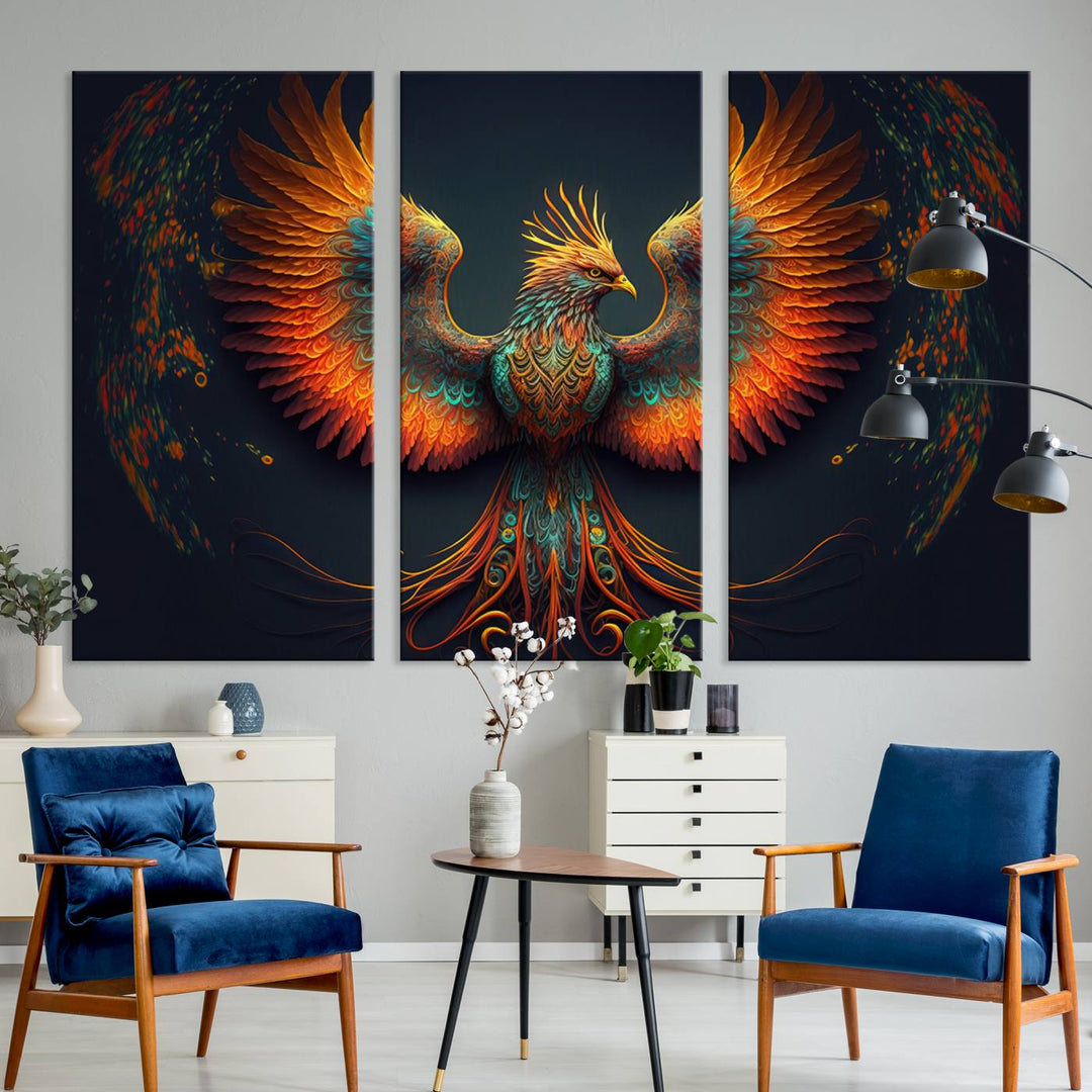 The Majestic Phoenix Wall Art Canvas Set, a fiery symbol of rebirth and strength, graces the wall.