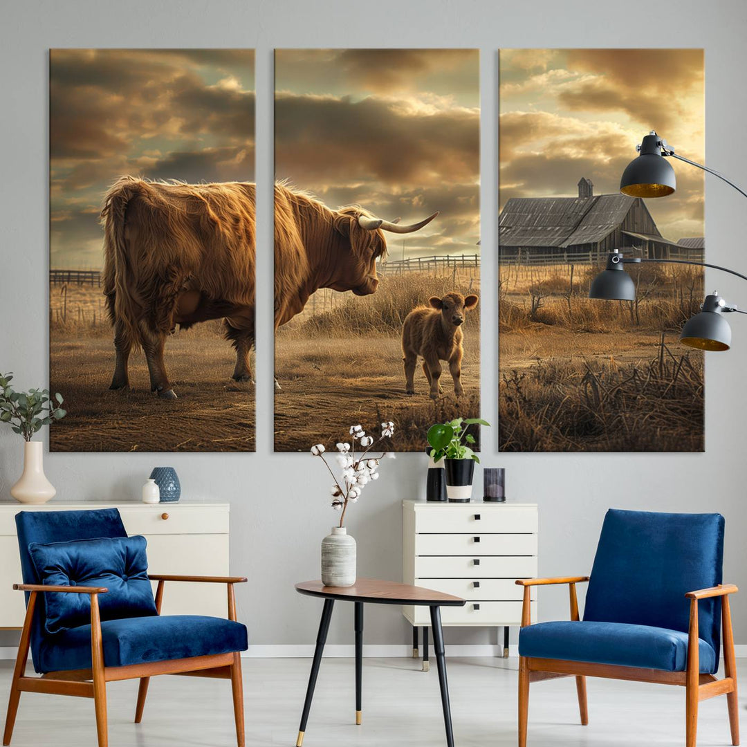 The living room features the "Highland Cow Canvas Wall Art Animal Print Pictures Fluffy Cattle Art," which captures a cow and calf in a rural sunset scene, adding gallery-quality charm.