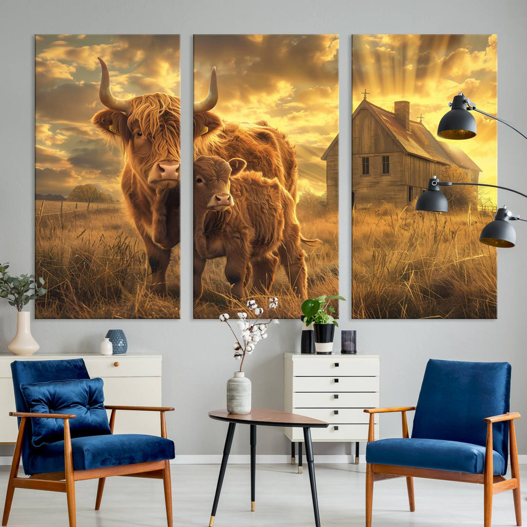 The room features the Barn and Highland Cow Canvas Wall Art Animal Print, a three-panel canvas depicting cows in a sunset field with a rustic barn backdrop. This handmade piece brings charm and character with its gallery-quality finish.