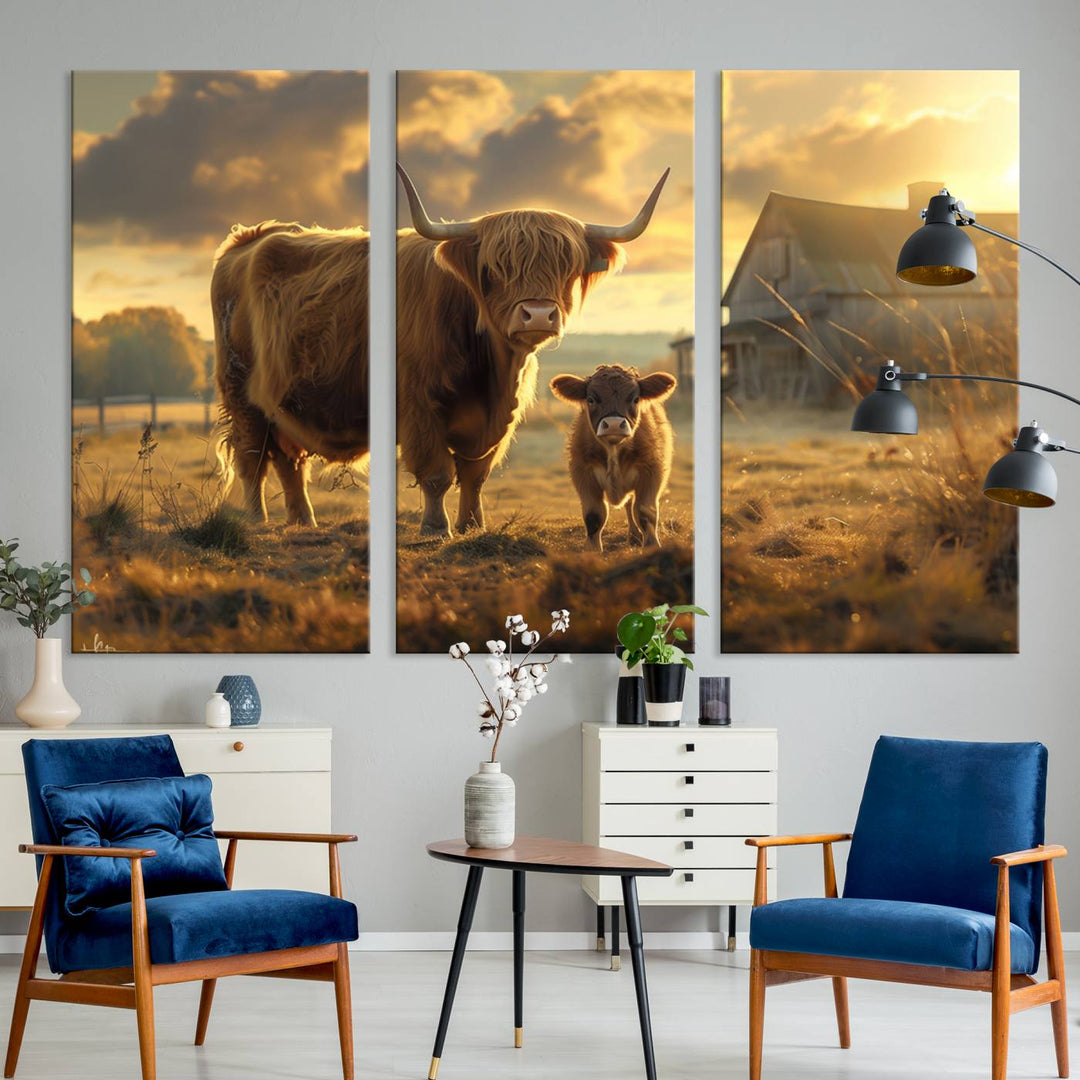 The "Highland Baby Cow Canvas Wall Art Animal Print" triptych art piece showcases a cow and calf in a sunlit field with a barn in the background.