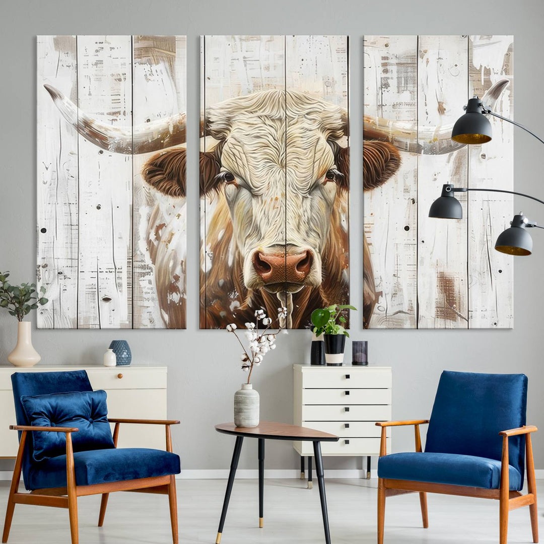 The dimly lit room is enhanced with Western charm by the Rustic Longhorn Bull Wall Art Canvas Set—Western-Inspired Farmhouse Décor, elegantly displayed on the wall.