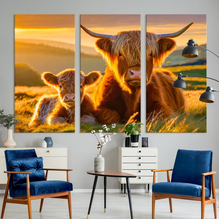 The living room showcases a gallery-quality finish with the Scottish Cow and Baby Cow Canvas Wall Art, featuring a charming animal print of fluffy cattle as the centerpiece. This stunning piece is displayed on premium canvas, creating an inviting atmosphere.