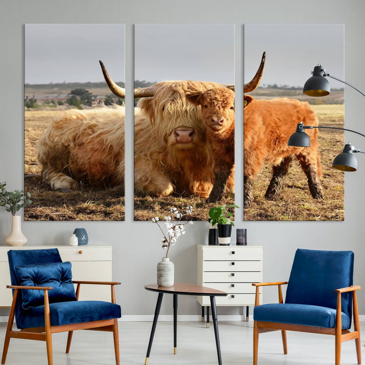 The three-panel canvas artwork, titled "Highland Cow Canvas Wall Art Animal Print for Farm House Decor," features a serene scene of a resting Highland cow and calf in a field. The piece highlights its gallery-quality finish.