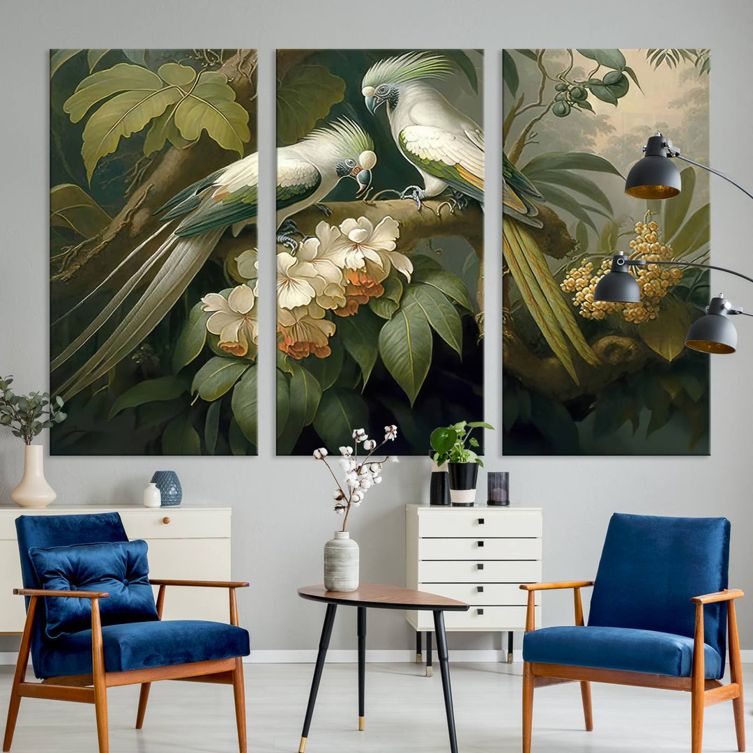 Crafted in the USA, this Tropical Paradise Print wall art features a stunning parrot amidst a lush forest and beautiful flowers.