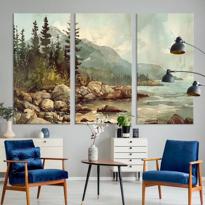 A triptych of the Abstract Acadia National Park Wall Art Canvas Print, featuring a stunning 3-panel design with elements like pine trees, rocks, and mountains, is elegantly displayed.