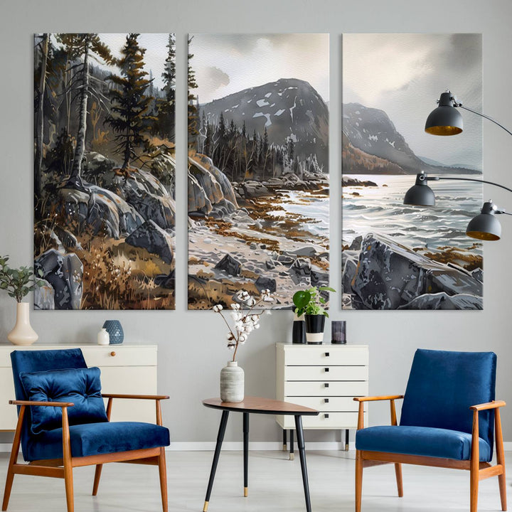 The stunning Serene Coastal View of Acadia National Park is a 3-panel wall art canvas print that beautifully captures a tranquil mountain and lake scene.