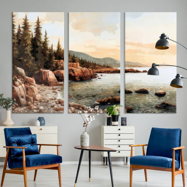 Serene Coastal View of Acadia National Park - Stunning 3-Panel Wall Art Canvas Print, Framed, Ready to Hang