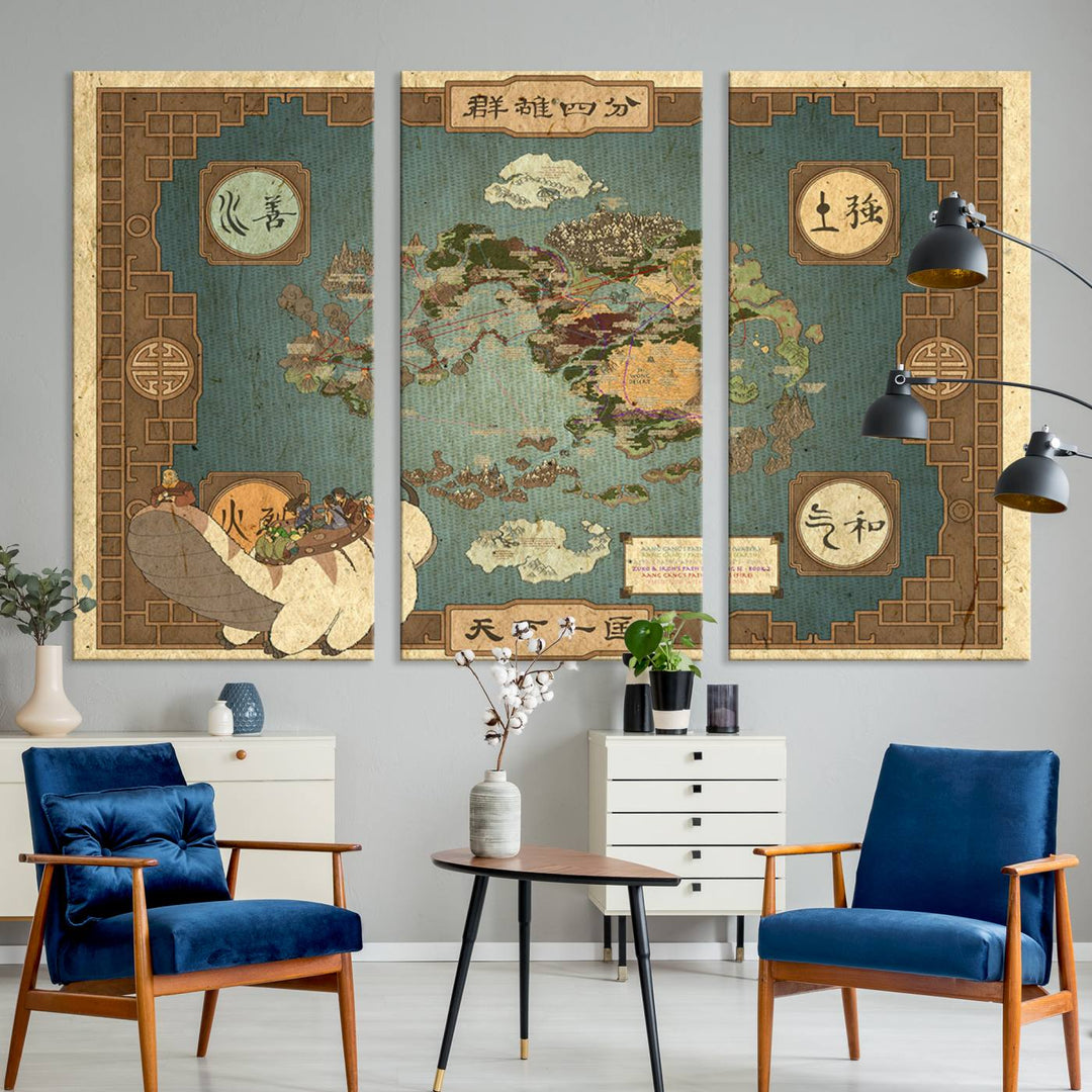 Hanging above is the Avatar: The Last Airbender Vintage Map - Wall Art Canvas Print, framed and ready to hang, showcasing an enchanting glimpse into the iconic four nations design.