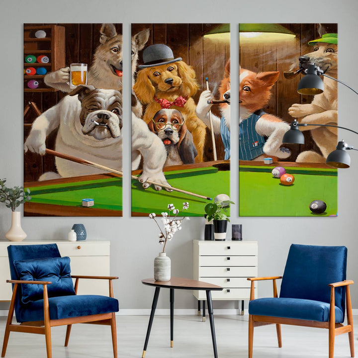 The "Dogs Playing Pool Canvas Wall Art" features a whimsical scene of dogs dressed as humans playing pool in a bar, presented as a three-panel display with a gallery-quality finish.