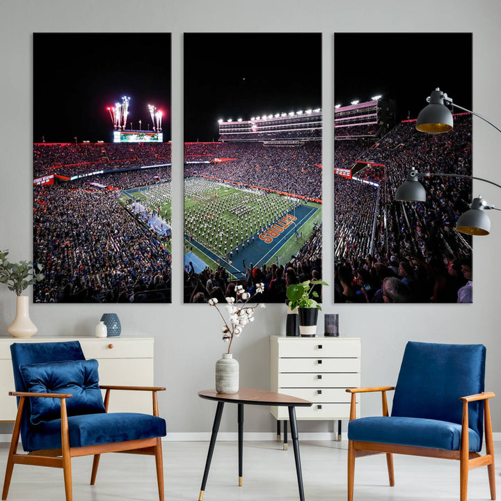 Ben Hill Griffin Stadium Night Game Triple Canvas Wall Art - Florida Gators Football Match