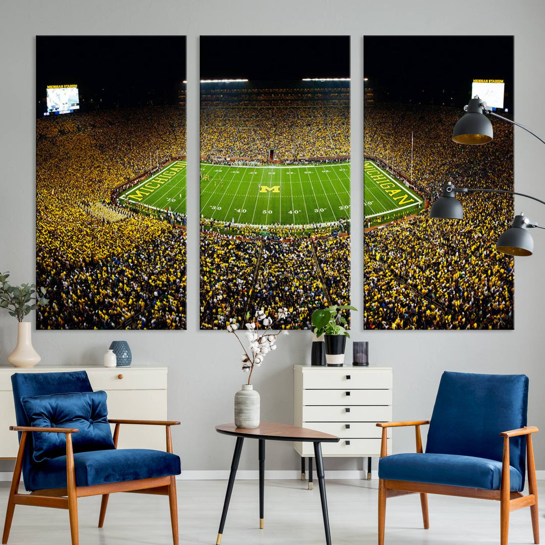 Michigan Wolverines Football Team Print - Michigan Stadium Night Game Triple Canvas Wall Art - University of Michigan Football Match