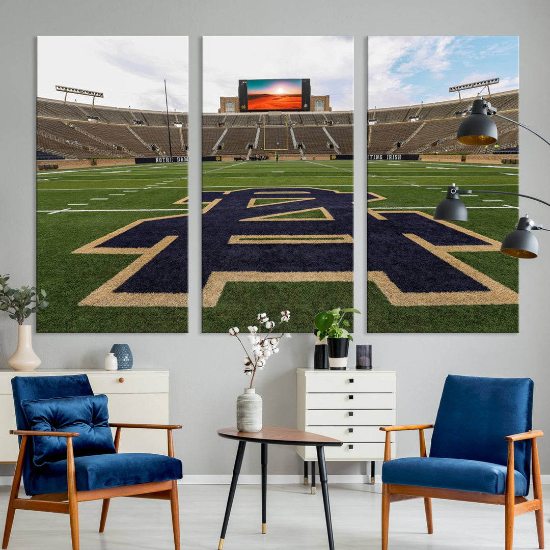 Notre Dame Stadium Giclee Canvas Print | Triptych Wall Art Featuring Iconic Notre Dame Football Field | Ready-to-Hang Sports Stadium Decor