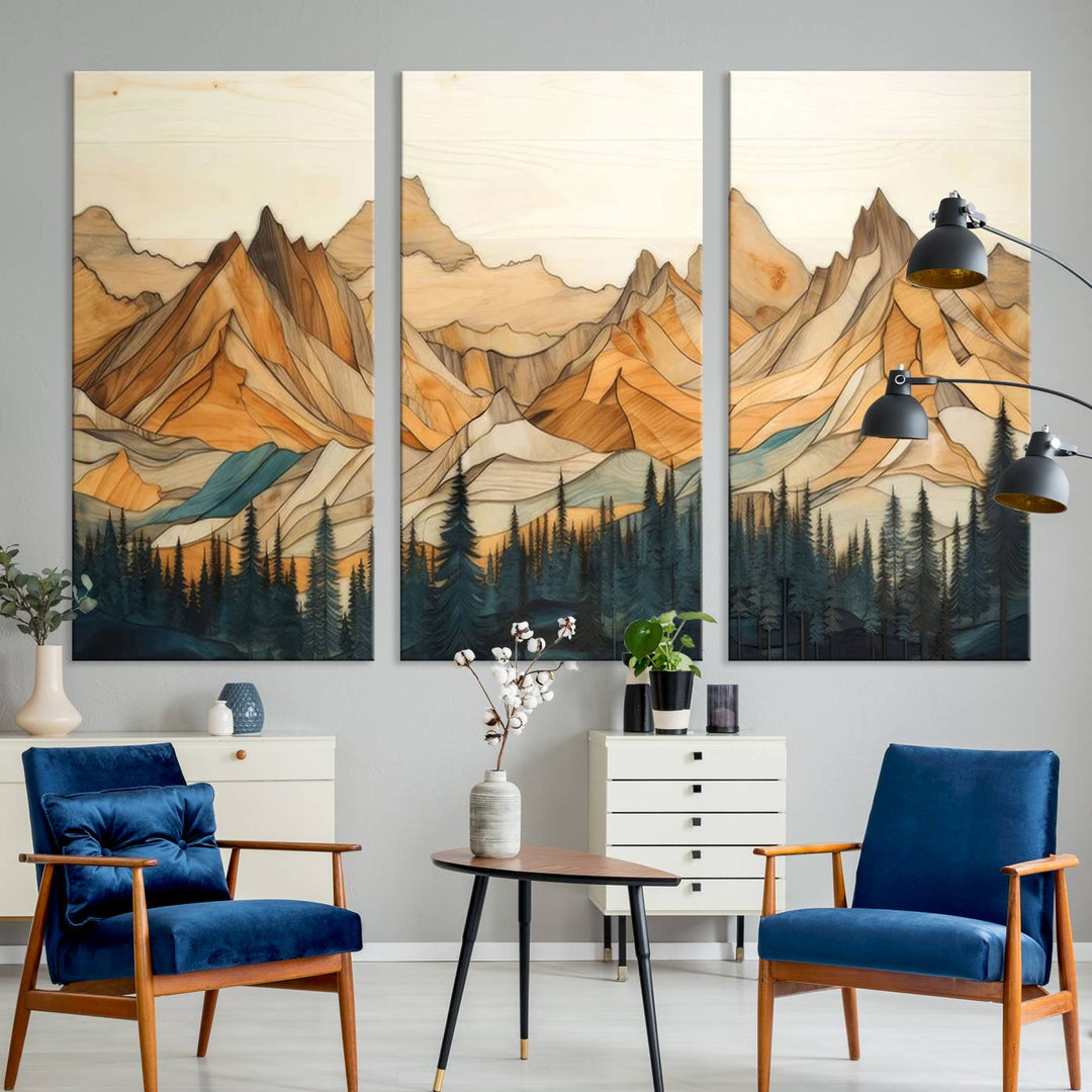 Rustic Wood Style Mountain Wall Art Print | Triptych Giclee Print Featuring Handcrafted Forest and Mountain Range Design | Framed Ready-to-Hang Print