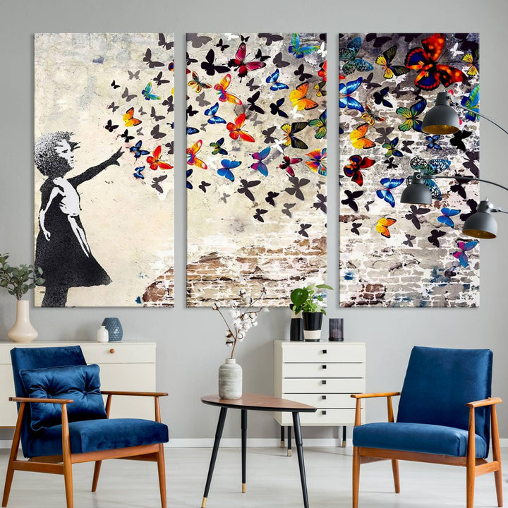 Banksy Style Girl with Butterflies Wall Art - Beautiful Framed Ready-to-Hang Triptych Canvas - Vibrant Butterfly Street Art for Modern Decor