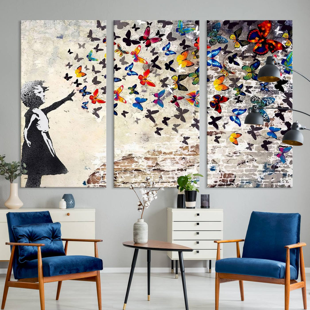 Banksy-Style Graffiti Wall Art Canvas Print: Girl Releasing Vibrant Butterflies – Ready to Hang