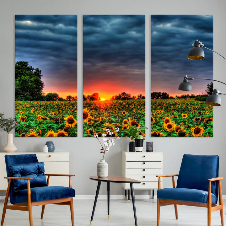 Golden Sunflower Field at Sunset – Breathtaking Sky and Vibrant Flowers, Ready to Hang Wall Art Canvas Print