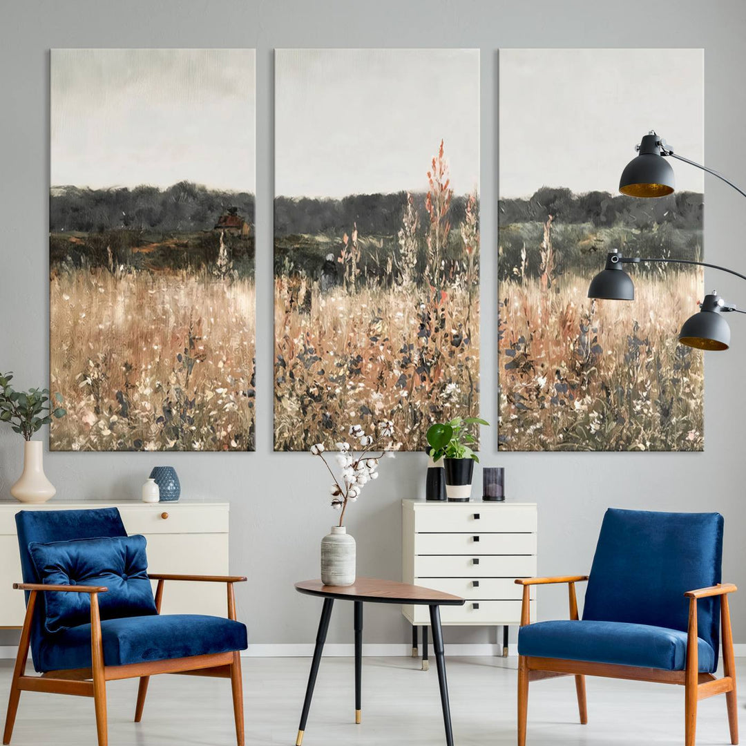 Rustic Field Landscape Triptych, Giclee Canvas Wall Art for Modern Homes, Warm Meadow and Wildflower Art Print, Large Nature Inspired Canvas Print