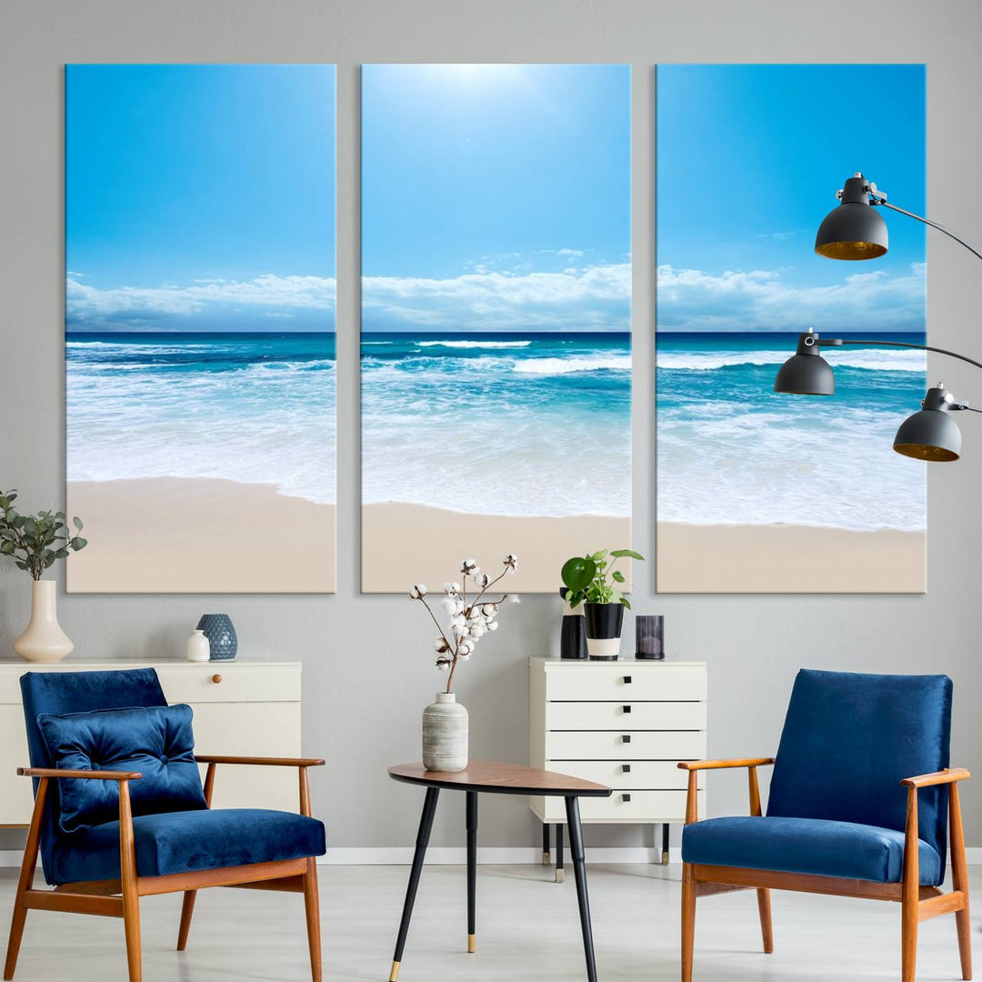 Lienzo decorativo para pared grande con estampado de mar y playa azul brillante