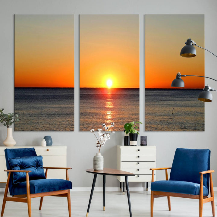 Golden Horizon Sunset Over Ocean Wall Art Canvas Print – Tropical Beach Canvas Wall Art – Giclee Print for Coastal Theme Decor Print