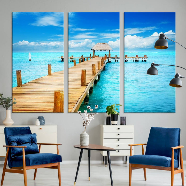 Tropical pier triptych wall art featuring turquoise ocean and wooden dock, perfect for coastal home or beach house decor.