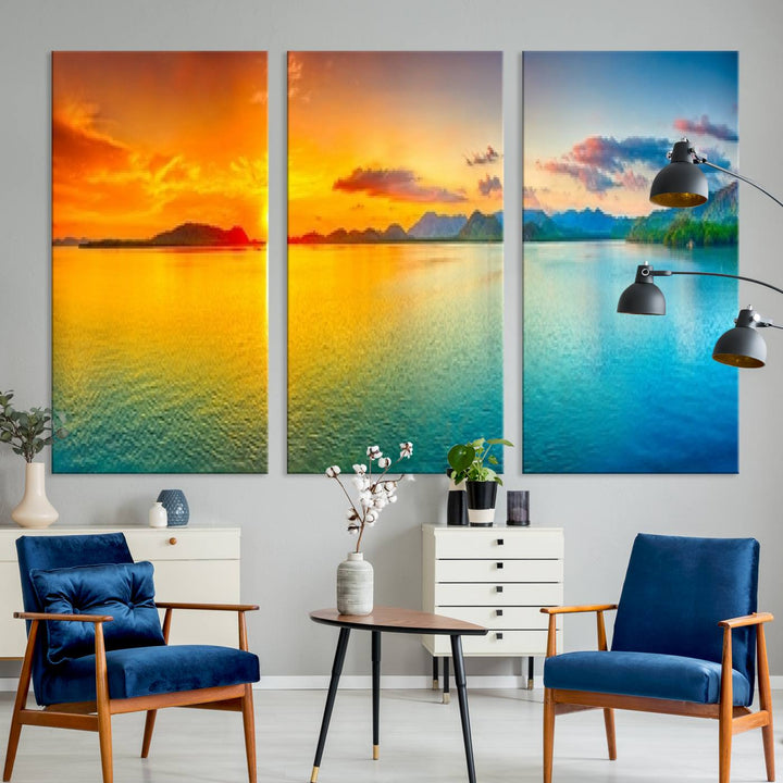 Impresión en lienzo de arte de pared grande, puesta de sol colorida, mar y montaña para decoración de sala de estar