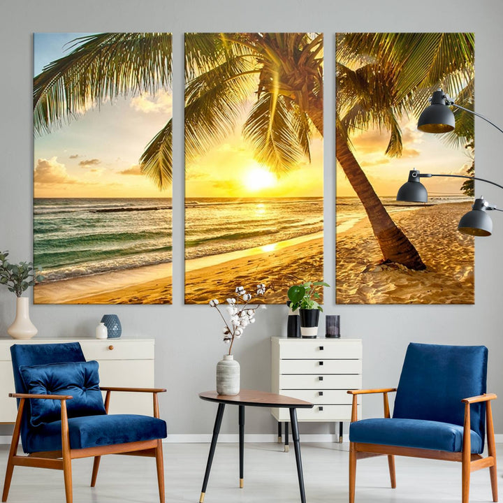 Wall Art Canvas Print Palm on Beach at Bright Sunset