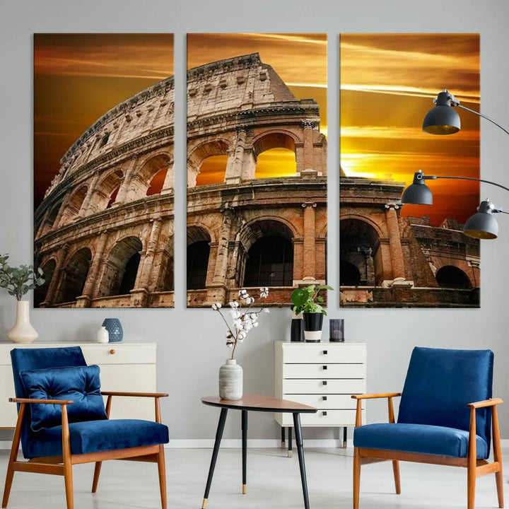 A three-panel canvas titled "Colosseum with Yellow Sunset Behind, Italy," protected with a UV-coating, is elegantly displayed.