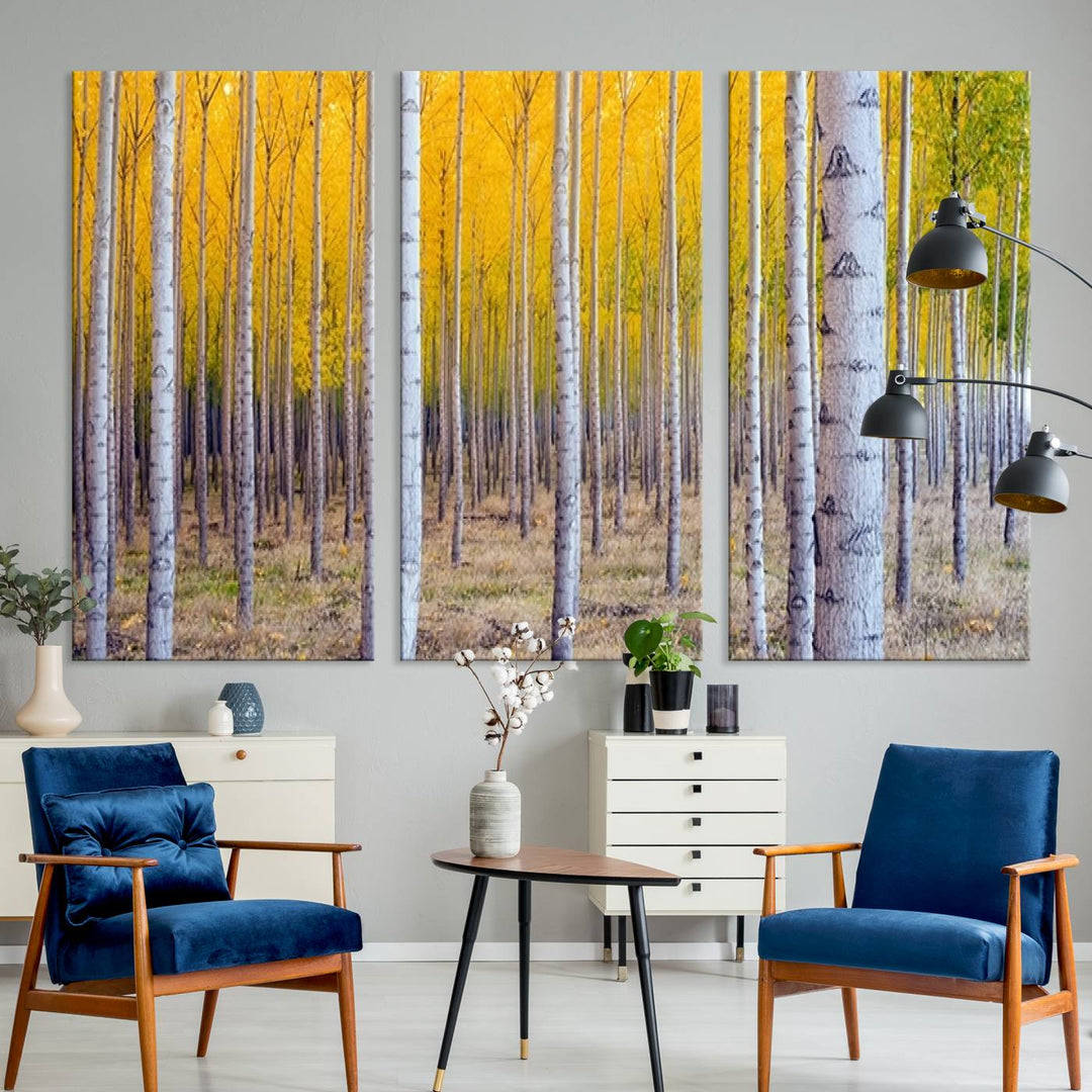 Impresión artística de pared con bosque de abedules en otoño