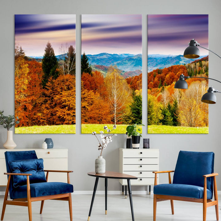 Autumn Colorful Forest Blue Mountains and Purple Sky at Sunset Wall Art Canvas Print