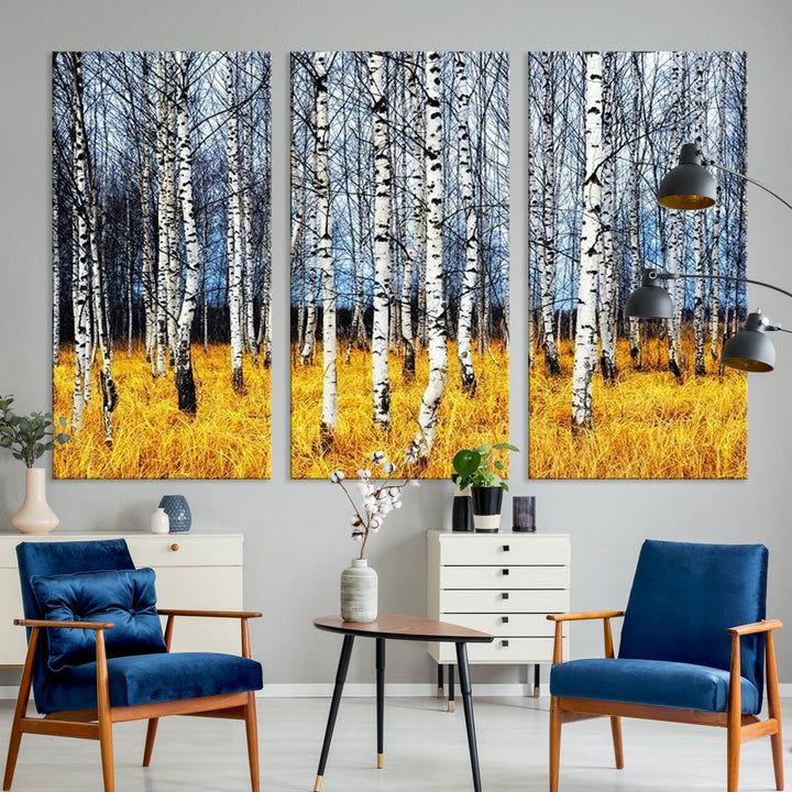 Impression d’art mural de bouleaux, art mural paysage, impression sur toile, arbres sans feuilles sur fond jaune