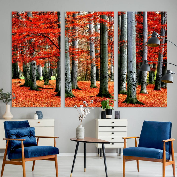 Impression sur toile de paysage d'art mural, feuilles rouges sur des arbres sur fond rouge